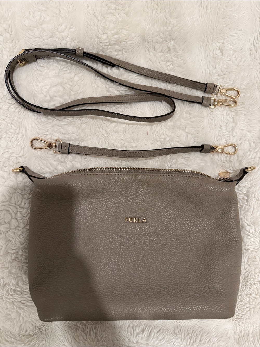 Furla Taupe Gray Pebbled Leather Crossbody with Gold Hardware